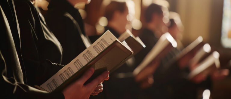 A serene choir engrossed in singing, holding hymn books under warm, diffused lighting, creating a peaceful and reverent atmosphere