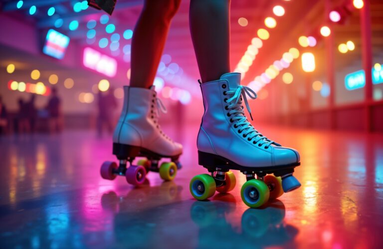 Person roller skating in retro 1980s roller rink. Colorful disco lights create vibrant ambiance. Funky fashion style evident in scene. Nighttime atmosphere in urban interior
